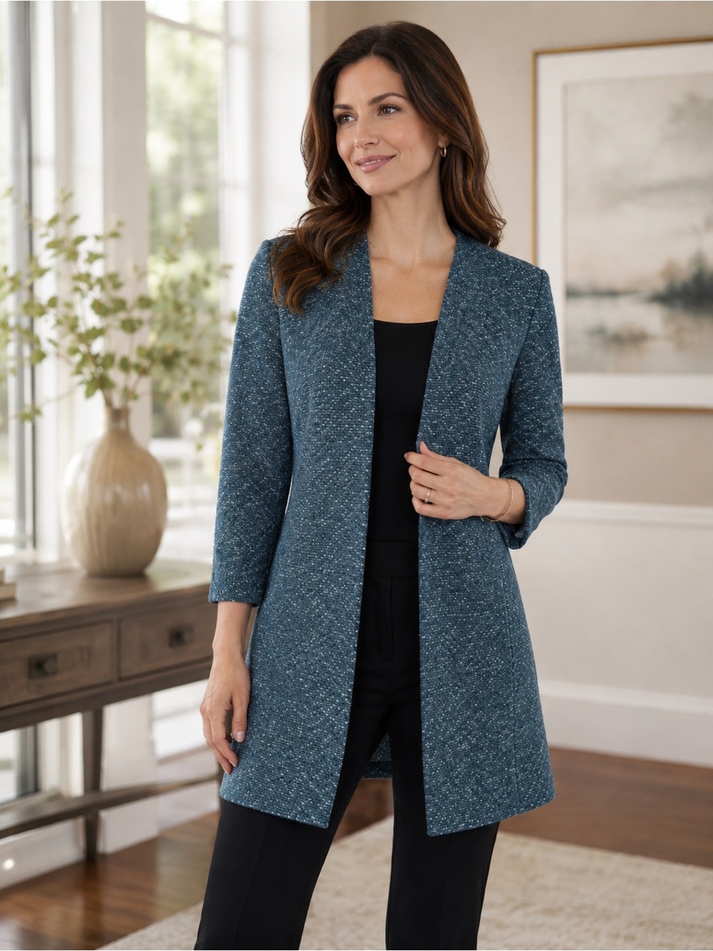 St John Santana Knit Open Front Jacket Teal Marled Career Chic Size 6